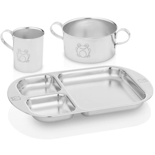 Children's Premium Stainless Steel Dinnerware Set | 1 Bowl with Handles, 1 Cup with Handle & 1 Divided Plate | Adorable Frog Design | Perfect for Babies, Toddlers & Kids | by Kiddobloom