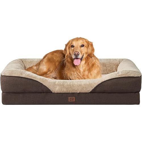 EHEYCIGA Memory Foam XL Dog Bed for XLarge Sized, Extra Large Orthopedic Dog Sofa with Sides and Waterproof Liner, Washable Bolster Pet Bed Couch with Removable Cover, 42x30x7.5 Inch, Brown