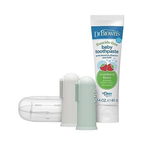 Dr. Brown's 100% Silicone Baby Finger Toothbrush and Toothpaste Set, 2-Pack Toothbrush with Storage Case, Fluoride-Free Strawberry Toddler Toothpaste, Gray & Light-Green