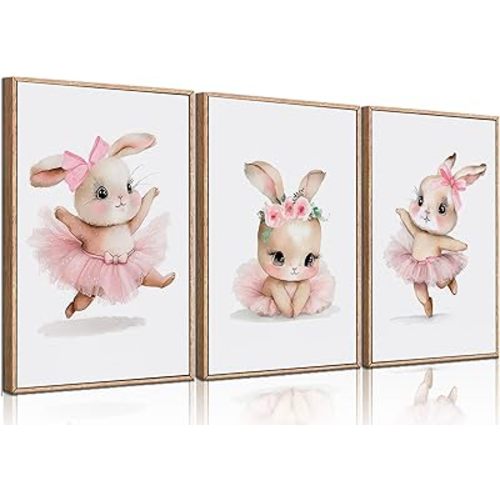 3 Pcs Pink Bunny Wall Art for Nursery Baby Room Cute Posters Prints Wall Decor Pictures Pink Preppy Dress Rabbit Ballet Artwork Canvas Paintings for Girls Room Bedroom Hone Decoration Unframed
