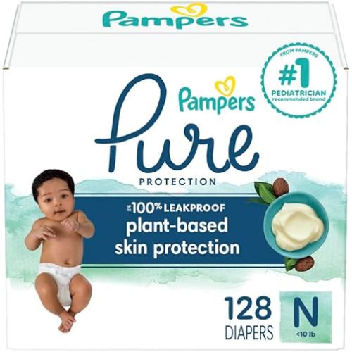Pampers Pure Protection Diapers Newborn - Size 0, 128 Count, Hypoallergenic Premium Disposable Baby Diapers