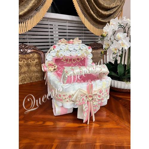 Cute Vintage Pink and Ivory Diaper Stroller/ Baby Shower Diaper Carriage/Pink Floral and Ivory Stroller/Girl Baby Shower/Gift or Centerpiece