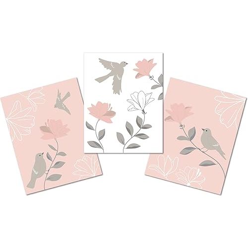 Lambs & Ivy Petals Pink/Gray/White Floral/Birds 11 by 14 Unframed Wall Art 3pc