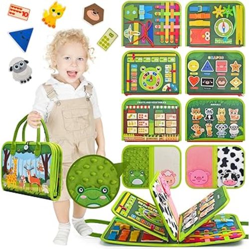 Toddler Busy Board Montessori Toys, Sensory Board Busy Book, Busy Board for Toddlers 2-4, Preschool Learning Activities with Life, Forest Animals Green, 8 Pages and 2 Pages Sensory Mats
