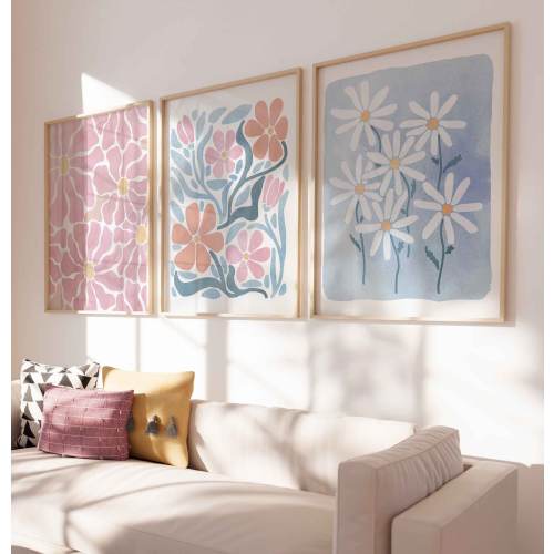 Flower Wall Art, Pink and Blue Flower Art Print Gift for Her Floral Poster Watercolor Bedroom Decor Spring Girls Room Print Housewarming Art