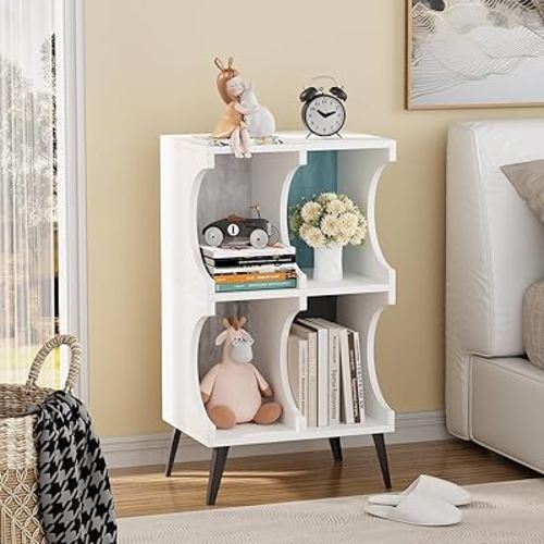4 Cube Bookcase,White Open Cube Small Bookshelf Circle Arc Storage Shelf Display Cabinet Organizer,2 Tiers Modern Wooden Bookcase with Cubby Storage for Living Room,Bedroom,Office
