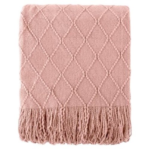 Battilo Throw Blanket, Pink Geometric Knit Decorative Blankets, Blanket with Tassels,50" x 60"