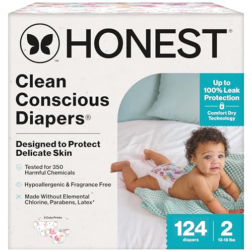 The Honest Company Clean Conscious Diapers for Sensitive Skin | Hypoallergenic, Fragrance Free | Girl Prints | Super Club Box, Size 2 (12-18 lbs), 124 Count