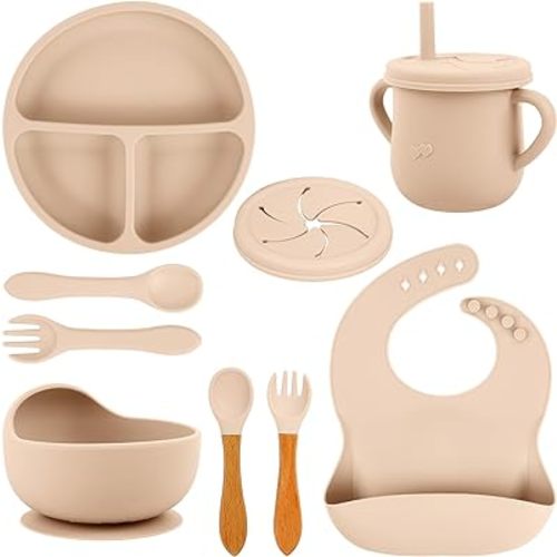 9 PCS Silicone Baby Feeding Set, Food Grade BPA Free Essentials for Toddler Kids, Weaning Supplies Include Baby Plates and Bowls Baby Bib Suction Divided Plates Soft Bowl Spoons Forks (Khaki)