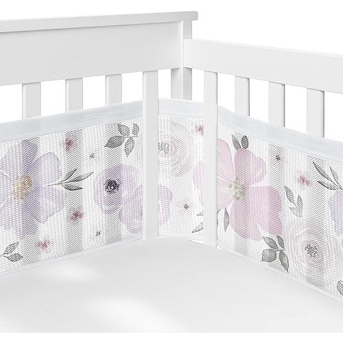 Sweet Jojo Designs + BreathableBaby Lavender Purple Boho Floral Girl Breathable Mesh Crib Liner Baby Infant Grey Bohemian Farmhouse Shabby Chic Rose Lily Watercolor Flower Elegant Gray