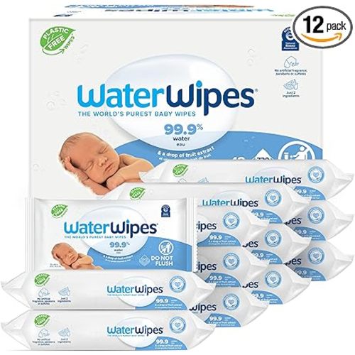 WaterWipes Plastic-Free Original Baby Wipes, 99.9% Water Based Wipes, Unscented & Hypoallergenic for Sensitive Skin, 60 Count (Pack of 12), Packaging May Vary
