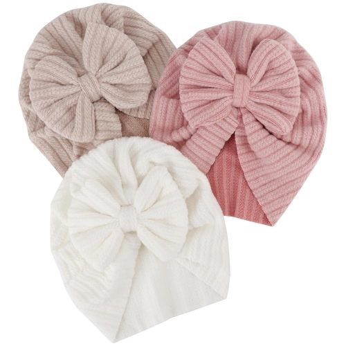 DRESHOW BQUBO 3 Pieces Newborn Baby Turban Hats Bow Baby Infant Beanie Breathable Toddler Cap for Baby Girls