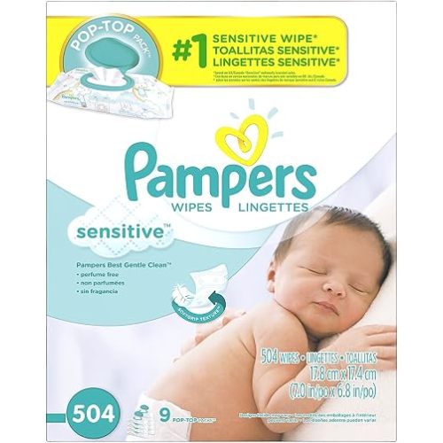Pampers Sensitive Baby Wipes, Clinically Proven, Fragrance Free, Unscented, Water Based, Hypoallergenic, Multi-Use, Hand Wipes 504 Wipes Total (6X Flip-Top Packs) [Packaging May Vary]