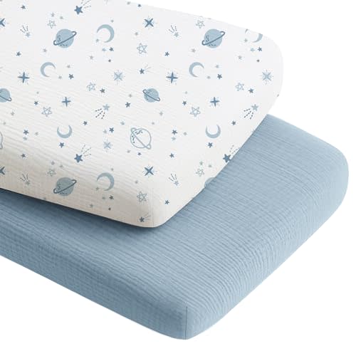 Konssy 2 Pack Muslin Bassinet Sheets for Boys, Girls, 100% Cotton Soft Breathable Fitted Bassinet Mattress Sheet, 33 x 21 inches (Star,Blue)