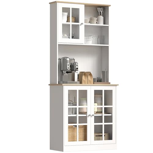 HOMCOM Kitchen Pantry Storage Cabinet, 72" Freestanding Cabinet with Hutch, Large Countertop, Glass Doors and Adjustable Shelves for Dining Room, Off White