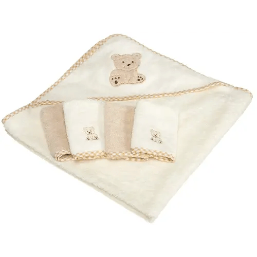 Spasilk Hooded Bath Towel with 4 Washcloths for Newborn Boys and Girls, Soft Terry Baby Towel and Washcloths, Bath Essentials, Ideal, Brown Bear