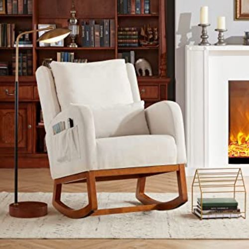 Modern Accent Rocking Chair, Nursery Glider Rocker Arm Chair W/2 Side Pockets, Rocking Chair Indoor for Living Room/Bedroom/Nursery-Beige