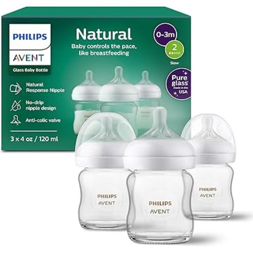 Philips Avent Natural Glass Baby Bottles with Natural Response Nipples (Slow Flow, Flow 2), 4oz, 3-pack, SCY910/03