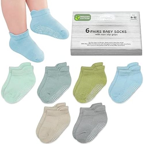 Mother's Choice Organic Cotton Ankle Baby Socks 6–12 Months – 6 Pairs, Soft Breathable Non-Slip Socks for Baby Boys & Girls with Anti-Skid Grip