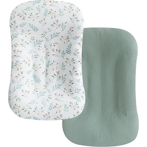habibee Muslin Baby Lounger Cover 2 Pack, Cotton Baby Lounger Pillow Cover for Newborn, Organic Infant Lounger Cover for Boys and Girls, Green&Flower