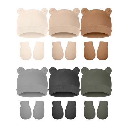 Geyoga 12 Pieces Newborn Hat Mittens Gloves Set Baby Boys Girls Cotton Baby Beanie for 0-12 Months