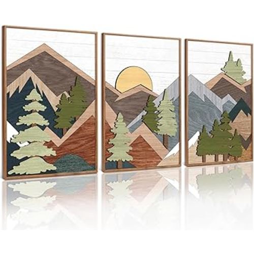TOARTi Framed Wood Panel Mountain Forest Landscape Wall Decor (16"x24"), Vintage Nature Wilderness Woodland Wall Art, Mid Century Modern Sunrise Wooden Cut Decor for Farmhouse Bedroom Living Room
