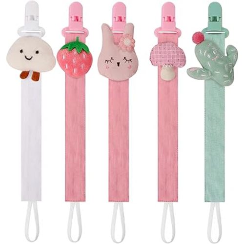 5 Pack Pacifier Clips for Baby Girls and Boys, Multicolor Fabric Straps,5pcs Straps, Approx. 11 in / 29 cm, Resin Clips with Inner Grip Design, Fits Most Pacifiers with Handles