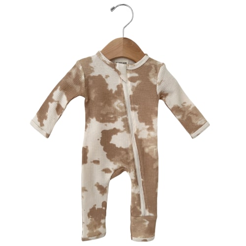 Organic Waffle Basic Zip Romper, Almond Tie Dye