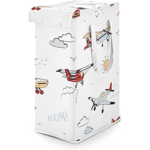 Sweet Jojo Designs Vintage Airplane Boy Laundry Hamper Foldable Dirty Clothes Basket with Handles for Baby Nursery Kids Bedroom Teen Bathroom Airplanes Air Plane Transportation Clouds Sun Sky Aviator