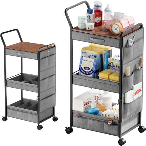3-Tier Diaper Caddy Organizer - Rolling Utility Baby Cart with Drawer and Side Pockets for Nursery and Baby Essentials, Multi-Function Cart for Bedroom and Bathroom, Black and Brown