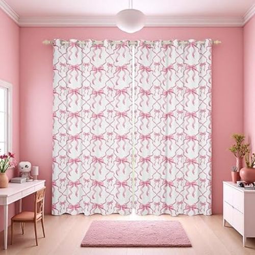 Erosebridal Pink Bow Blackout Curtains for Kids Teen Women,Cute Ribbon Bowknot 52" Wx63 L Curtains & Drapess for Girls Kawaii Watercolor Bow Tie Window Curtains,Pink White Bow Window Treatments