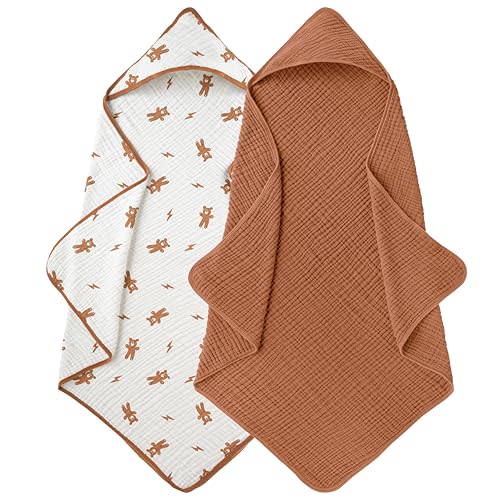 LILY O LAUREL Muslin Hooded Baby Towels for Newborns, 32"x32", 100% Cotton – 6 Layers Super Soft Absorbent Breathable, Baby Bath Towel, Toddler Bath Towel – Pack of 2