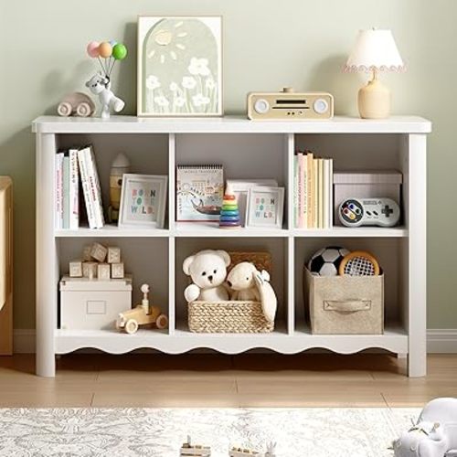 6 Cube Storage Organizer, 28 Inch Kids Low Storage Cabinet, Toddler Toy Storage Bookcase and Bookshelf for Kids Rooms, Playroom, Nursery, Living Room, Rounded Corners & Anti-Tip