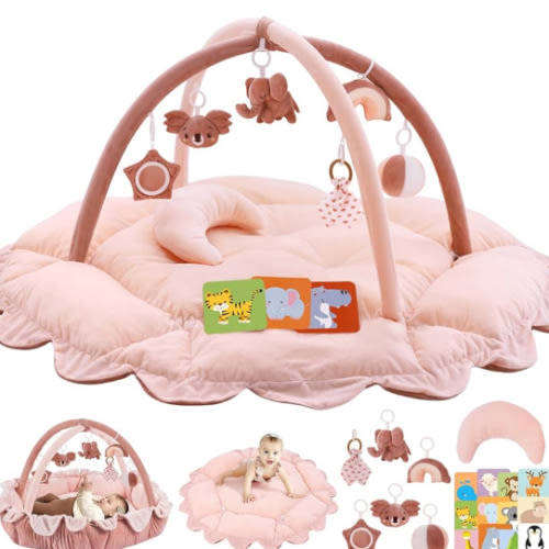 5-in-1 Plush Baby Play Gym, Baby Play Mats, Convertible Baby Gym with Pillow, Tummy time mat, 6 Sensory Toys, Baby Activity Center from Newborn to Toddler, Pet Bed, Cat & Dog Bed, Ball Pit, Pink