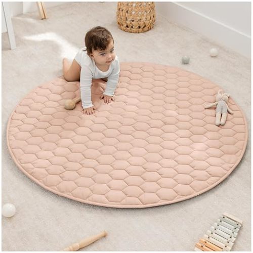 Comfy Cubs Round Kids Play Mat - Medium 48 inches Soft Quilted Baby Floor Mat with Non-Slip Bottom - Plush Design for Toddlers' Playtime - Comfortable and Durable - Sand