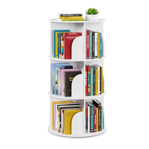 SpaceAid 3 Tier Rotating Bookshelf Tower, Spinning Bookcase Lazy Susan, Revolving 360 Book Shelf Storage Round Carousel, Vertical Rotate Turning Spiral Corner Organizer, White