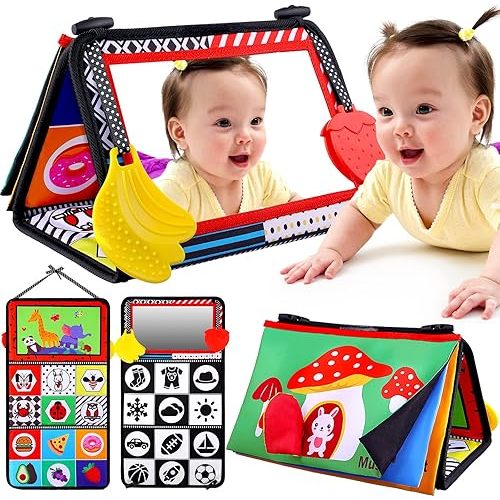 Baby Mirror Tummy Time Toys 0-3 3-6 Months Sensory Crinkle Cloth Baby Books Black and White High Contrast Baby Toys for Newborn Infant Montessori Car Seat Teething Toys 0-6 6-12 Month Boys Girls Gifts