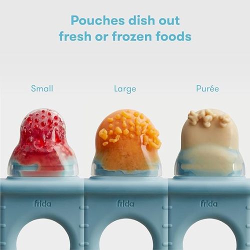 Frida Baby Push Pop Feeder, Baby Fruit Feeder, Baby Fruit Food Feeder to Safely Introduce New Foods, Fresh + Frozen Food Silicone Feeder for Babies, BPA Free, Dishwasher Safe | 3 Count, Blue - 3ct tip - Frida Blue