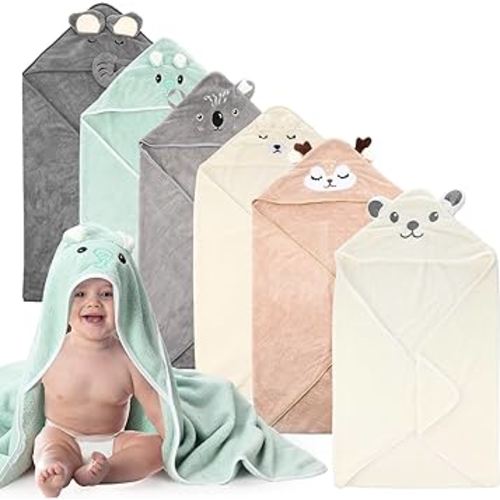 6 Pack Baby Bath Towels Set 31.5 x 31.5 Inch Baby Hooded Towel Coral Fleece Soft Absorbent Toddler Hooded Bath Blanket for Newborn Boy Girl Shower Kids Infant Gift Supplies, 6 Styles
