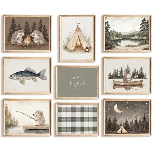 Vintage Nursery Wall Art Decor Woodland Animals Canvas Prints Baby Boy Room Wall Decor Fishing Hunting Hedgehog Poster Retro Rustic Nursery Pictures Artwork for Farmhouse Bedroom 8x10x9 Inch Unframed