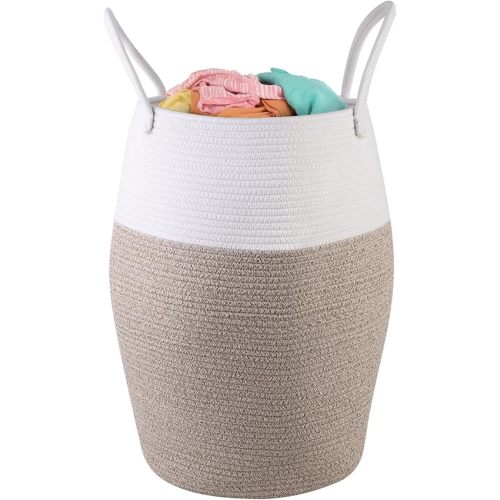 laundry basket woven baskets for organizing tall nursery hamper baby with handle big storage basket round decorative kids dirty clothes blanket basket living room towel fabric for cotton Brown-White