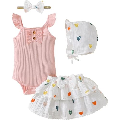 SUNNY PIGGY Baby Girl Outfit Newborn Clothes Short Set Infant Girl's Summer Cute Rufffle Sleeveless Romper 4PCS