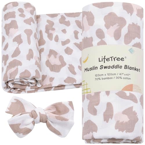 LifeTree Baby Muslin Swaddle Blanket Girl Newborn Receiving Blanket with Headband Bow Set Blush Leopard Print Nursery Wrap