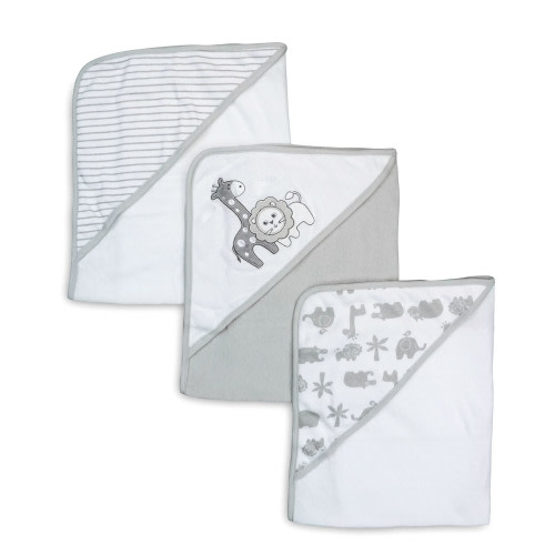 Spasilk Baby 3 Pack Soft Terry Hooded Towel Set for Newborn Boys and Girls, Gray Lion