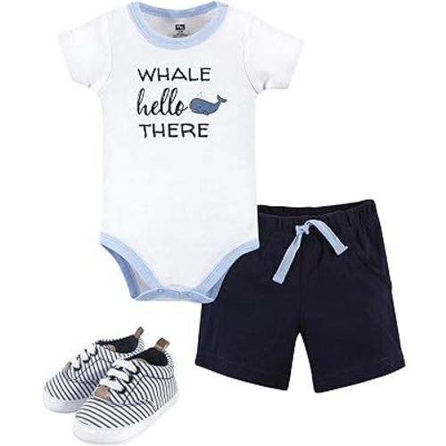 Hudson Baby Unisex Baby Cotton Bodysuit, Shorts and Shoe Set