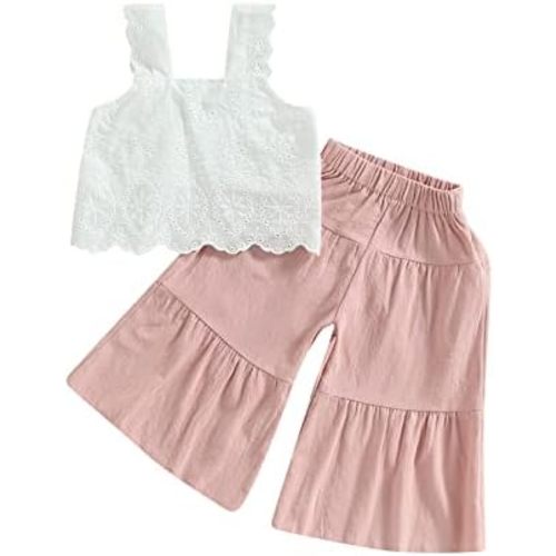 VISGOGO Toddler Baby Girls Summer Outfit Sleeveless Lace Embroidery Clothes Toddler Kids Tank Tops Bell-bottom Pants Set