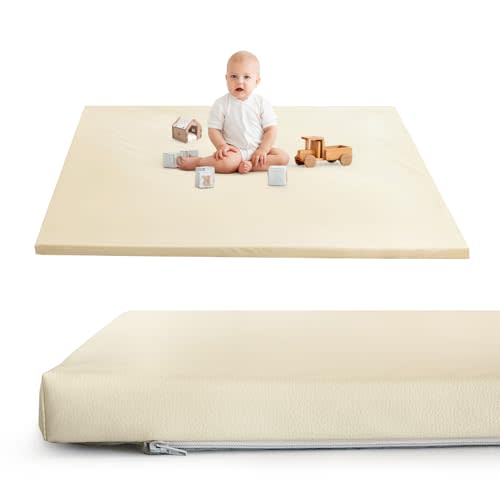 HIGOGOGO Vegan Leather Baby Play Mat, 43 x 43 High-Density Foam Cushioned & Waterproof Playpen Mat, Just Wipe-Clean Crawling Mat for Babyplay on Floor, Beige