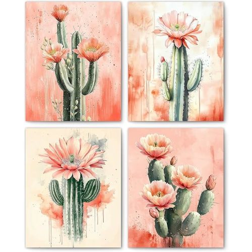 FITIE Southwestern Pink Floral Cactus Wall Art Prints Set of 4, Watercolor Western Desert Floral Cactus Wall Art Posters for Home Bedroom Living Room Decor, 8x10 Unframed