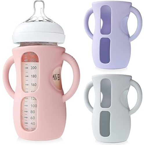 3 Pack Silicone Sleeves for Philips Avent Glass Bottle - Anti Breakage Baby Bottle Holder with Handles for Phillips Avent Glass Bottles 8 oz & 4 oz