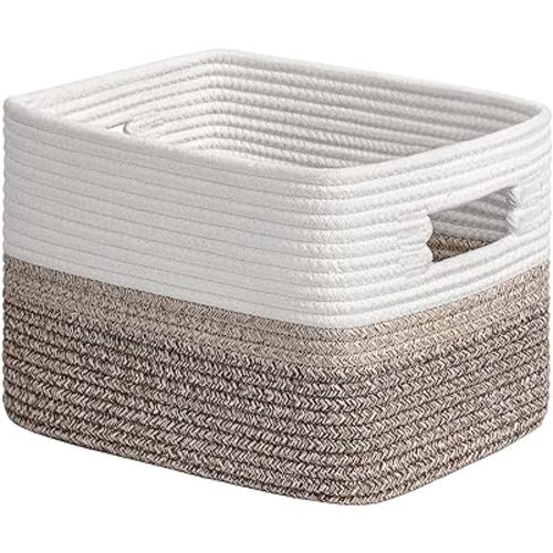 CHICVITA Storage Basket, Woven Baskets for Baby Toys, Baskets for Organizing, Rectangle Basket with Handles, Rope Baskets for Shelves, Bathroom, 13 x 10 x 9 inches, White & Brown